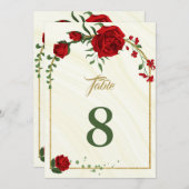 赤い花の緑のテーブルナンバーカード 招待状 (正面/裏面)