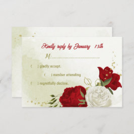 赤い花の緑の葉RSVPカード 出欠カード