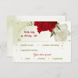 赤い花の緑の葉RSVPカード 出欠カード