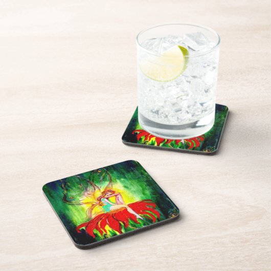 赤い花の緑の黄色の上で夢を見る妖精 コースター (右側)
