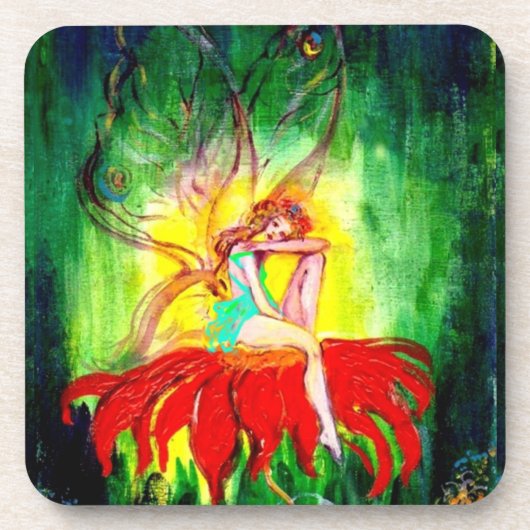 赤い花の緑の黄色の上で夢を見る妖精 コースター (正面)