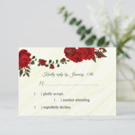 赤い花の緑のRSVPカード 出欠カード