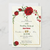赤い花の緑葉の誕生日 招待状 (正面)