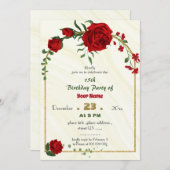 赤い花の緑葉の誕生日 招待状 (正面/裏面)