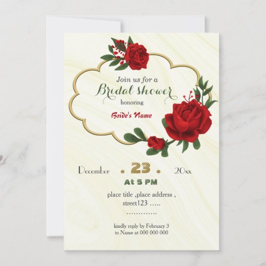 赤い花の緑葉の金ゴールド枠ブライダルシャワー 招待状 (正面)