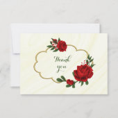 赤い花の緑葉の金ゴールド枠 サンキューカード (正面)