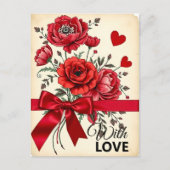 赤い花の花束(ハートとリボン) ポストカード (正面)