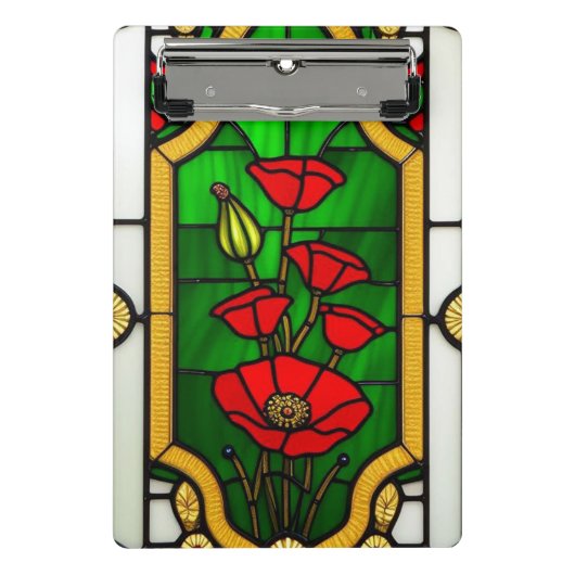 赤い花の華麗なステンドグラスアート ミニクリップボード (正面)