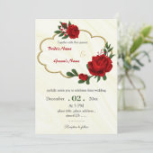赤い花の葉飾り金色のリース結婚式 招待状 (スタンド正面)