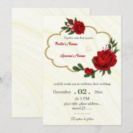 赤い花の葉飾り金色のリース結婚式 招待状
