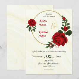 赤い花の葉飾り金色のリース 招待状