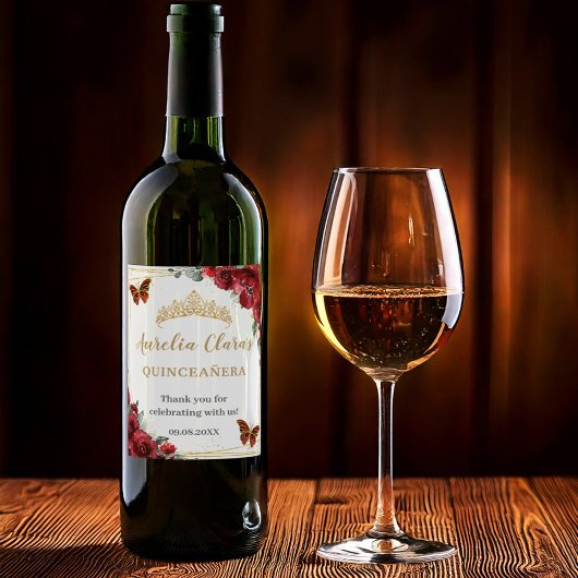 赤い花の蝶のゴールドのキンチャーニェラ誕生日 ワインラベル