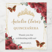 赤い花の蝶のゴールドのキンチャーニェラ誕生日 ワインラベル (シングルラベル)