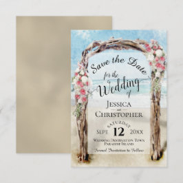 赤い花の装飾が施された、素朴なドリフトウッドビーチアーバー結婚式のウェルカムカード セーブザデート