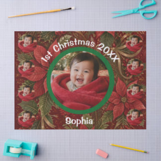 赤い花の赤ちゃんの最初のクリスマス 写真 名前 年 薄葉紙