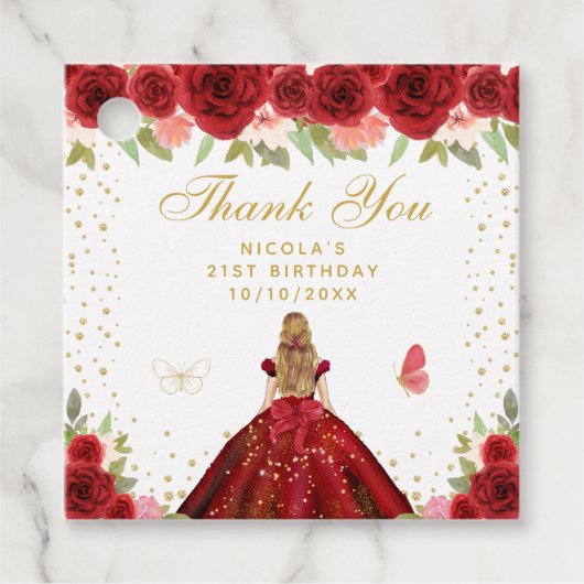 赤い花の金髪プリンセス誕生日パーティー フェイバータグ (正面)