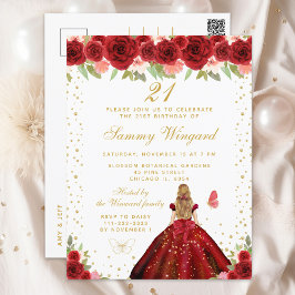 赤い花の金髪プリンセス誕生日パーティー ポストカード