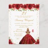 赤い花の金髪プリンセス誕生日パーティー ポストカード (正面)