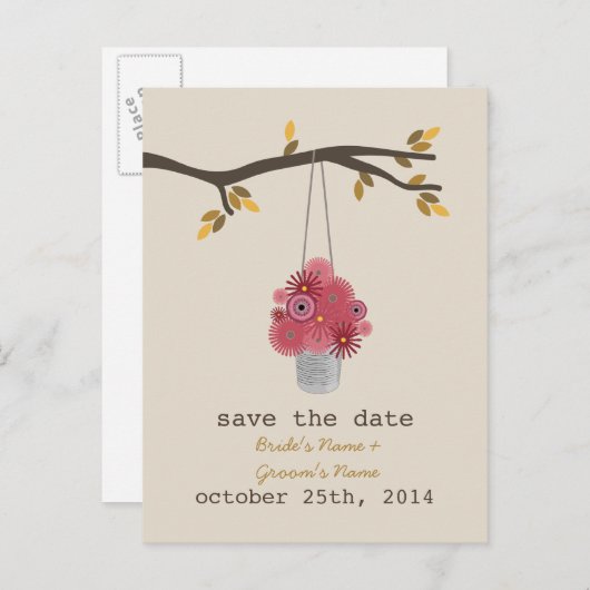 赤い花の錫の缶秋の結婚式日付を保存 案内ポストカード (正面/裏面)