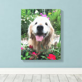 赤い花の間に微笑むゴールデンレトリバー犬 キャンバスプリント (インサイチュ (ウッドフロア))