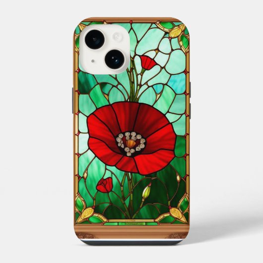 赤い花の鮮やかなステンドグラスアート iPhoneケース (裏面)