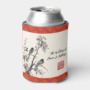 赤い花の鳥 中国風のウェディング 缶クーラー