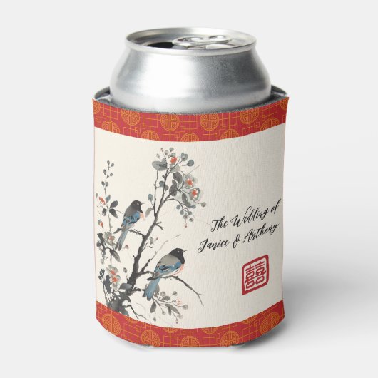 赤い花の鳥 中国風のウェディング 缶クーラー (缶正面)
