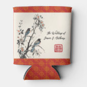 赤い花の鳥 中国風のウェディング 缶クーラー (正面)