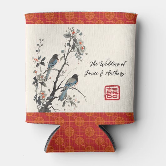 赤い花の鳥 中国風のウェディング 缶クーラー (正面)