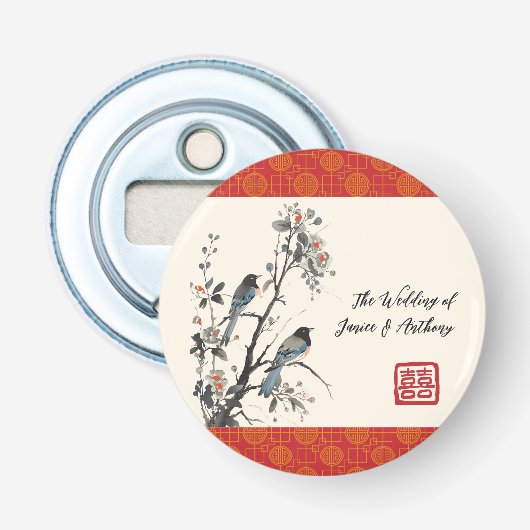 赤い花の鳥 中国風 結婚式 栓抜き (正面)