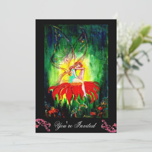 赤い花の黒い黄色の緑の上で夢を見る妖精 招待状 (スタンド正面)