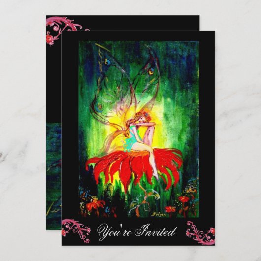 赤い花の黒い黄色の緑の上で夢を見る妖精 招待状 (正面/裏面)