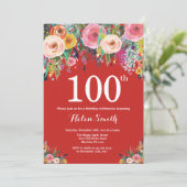 赤い花の100歳の誕生日招待状 招待状 (スタンド正面)