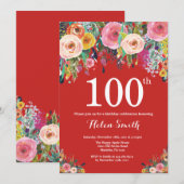赤い花の100歳の誕生日招待状 招待状 (正面/裏面)