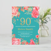 赤い花の90歳誕生日 ゴールドグリッターとターコイズ 招待状 (スタンド正面)
