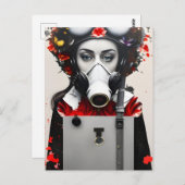 赤い花はがき付きガスマスクの女性 ポストカード (正面/裏面)