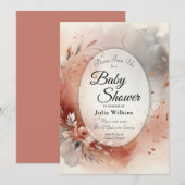 赤い花びらと銀の渦巻き赤ちゃんシャワー 招待状 (正面/裏面)