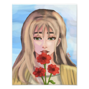 赤い花を手で描いたデジタルアートを持つ女の子 フォトプリント