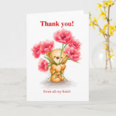 赤い花を持つかわいい熊、ありがとう カード (黄色い花)