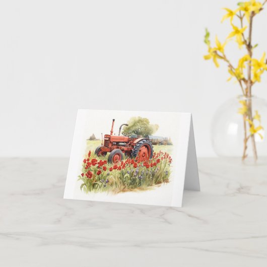 赤い花を持つオールドファームトラクター空白の カード (黄色い花)