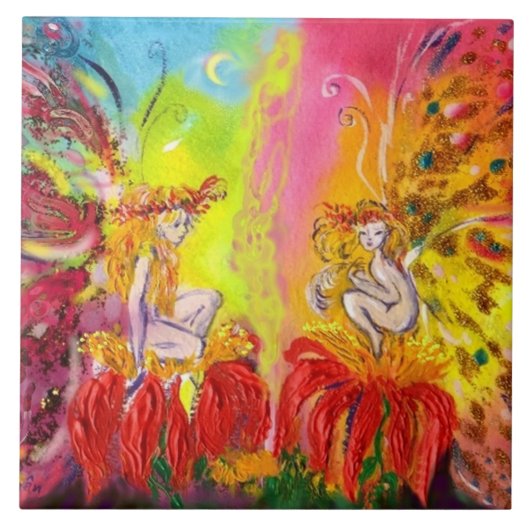 赤い花を持つ夜明けの妖精ファンタジー タイル (正面)