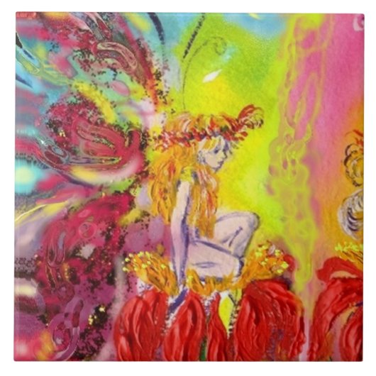 赤い花を持つ夜明けの妖精ファンタジー タイル (正面)