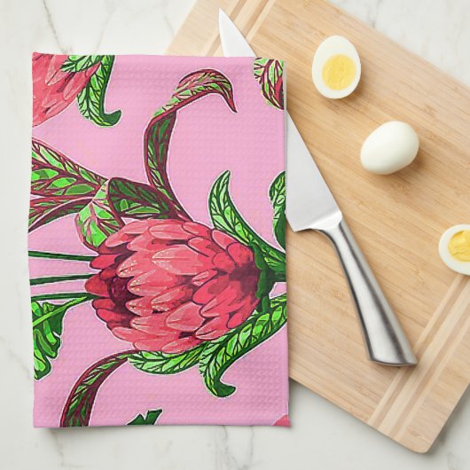 赤い花を持つ美し葉い熱帯緑の | キッチンタオル (四つ折り)