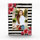 赤い花オン白黒ストライプフォトブロック フォトブロック (正面)