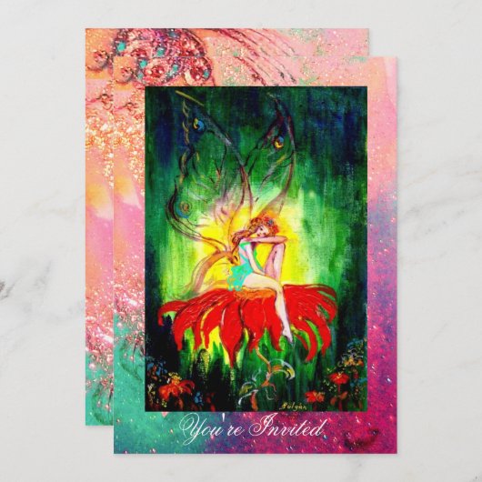 赤い花ピンクの黄色い緑の上で夢を見る妖精 招待状 (正面/裏面)