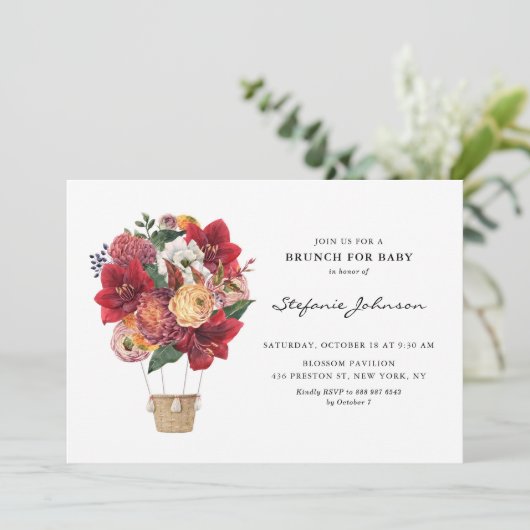 赤い花ホットエアバルーン赤ちゃんシャワーブランチ 招待状 (スタンド正面)