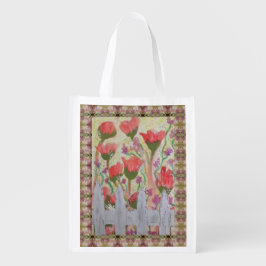 赤い花ホワイトフェンス エコバッグ