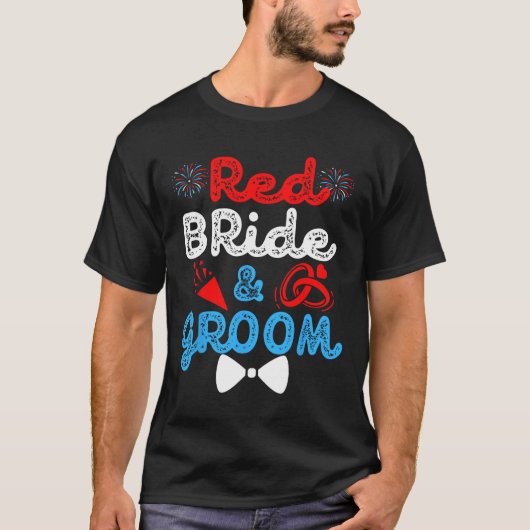 赤い花嫁と花婿 面白い結婚式 結婚パーティー4 Tシャツ (正面)