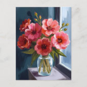 赤い花束の花瓶の水彩画 ポストカード (正面)