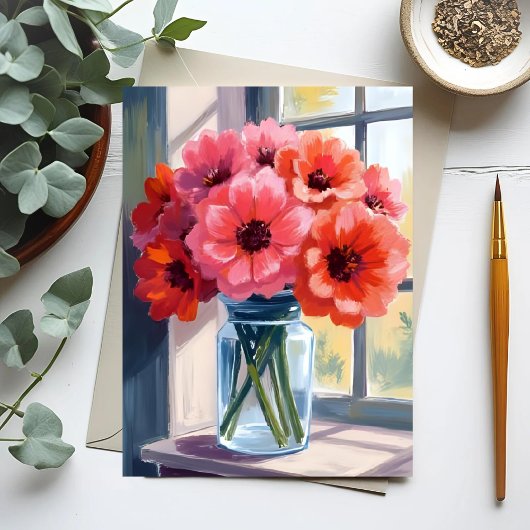 赤い花束の花瓶の水彩画 ポストカード